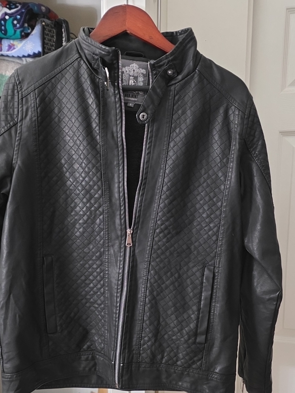 Men's Black Quilted Faux Leather Bomber Jacket